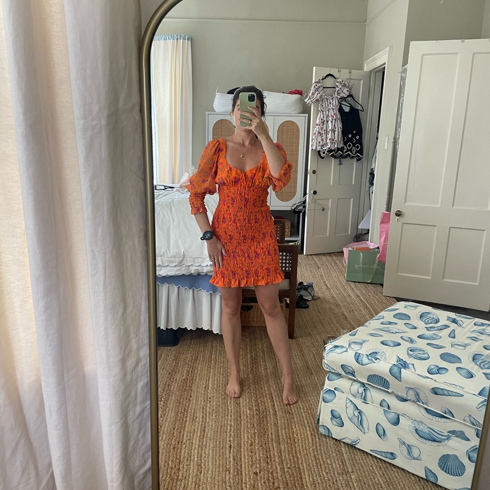 For Love and Lemons Orange Smocked Mini Dress